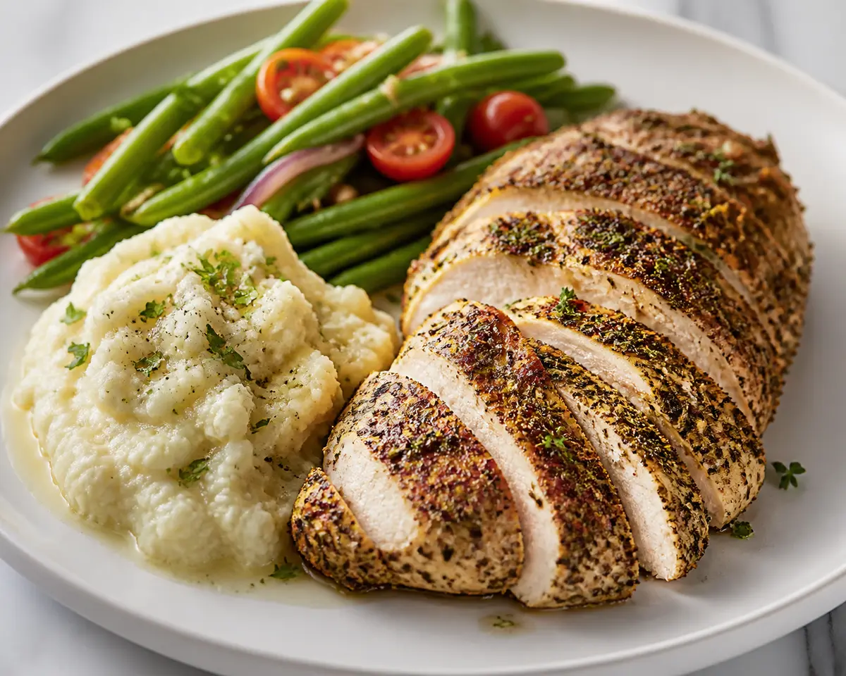 Pechuga de Pavo en Costra de Hierbas con Puré de Coliflor y Ensalada Tibia de Judías Verdes