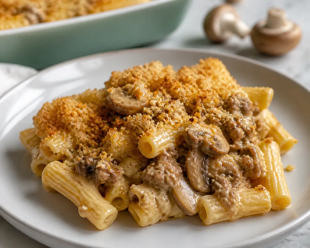 Family Turkey and Mushroom Pasta Bake with Garlic Crumb Topping