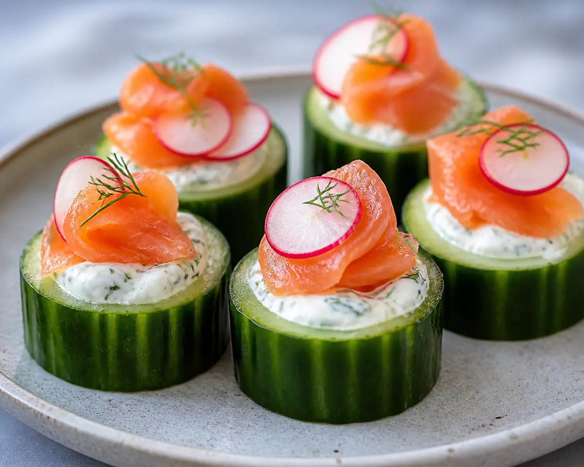 Copas crujientes de pepino con yogur de hierbas, salmón ahumado y rábanos