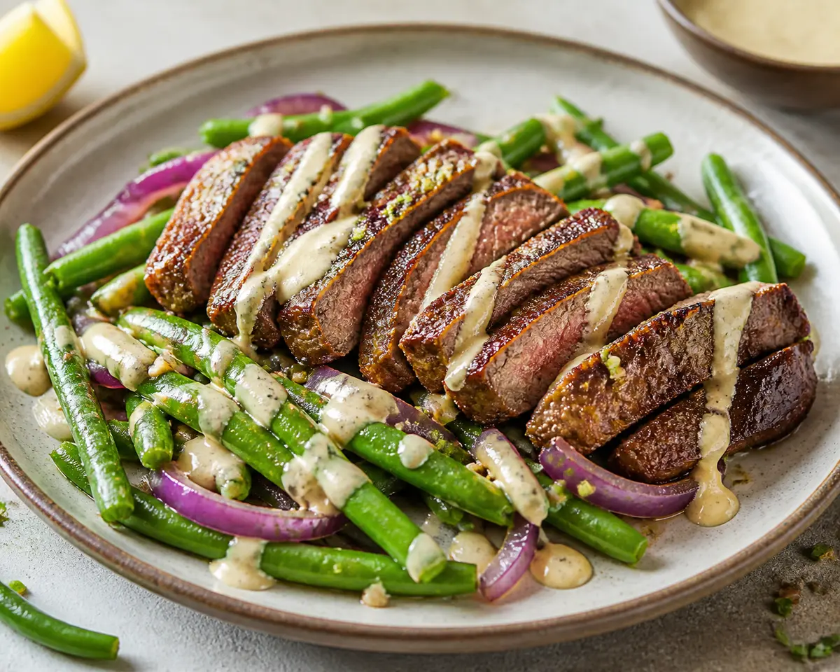 Salteado Relámpago de Ternera, Judías Verdes y Tahini al Limón