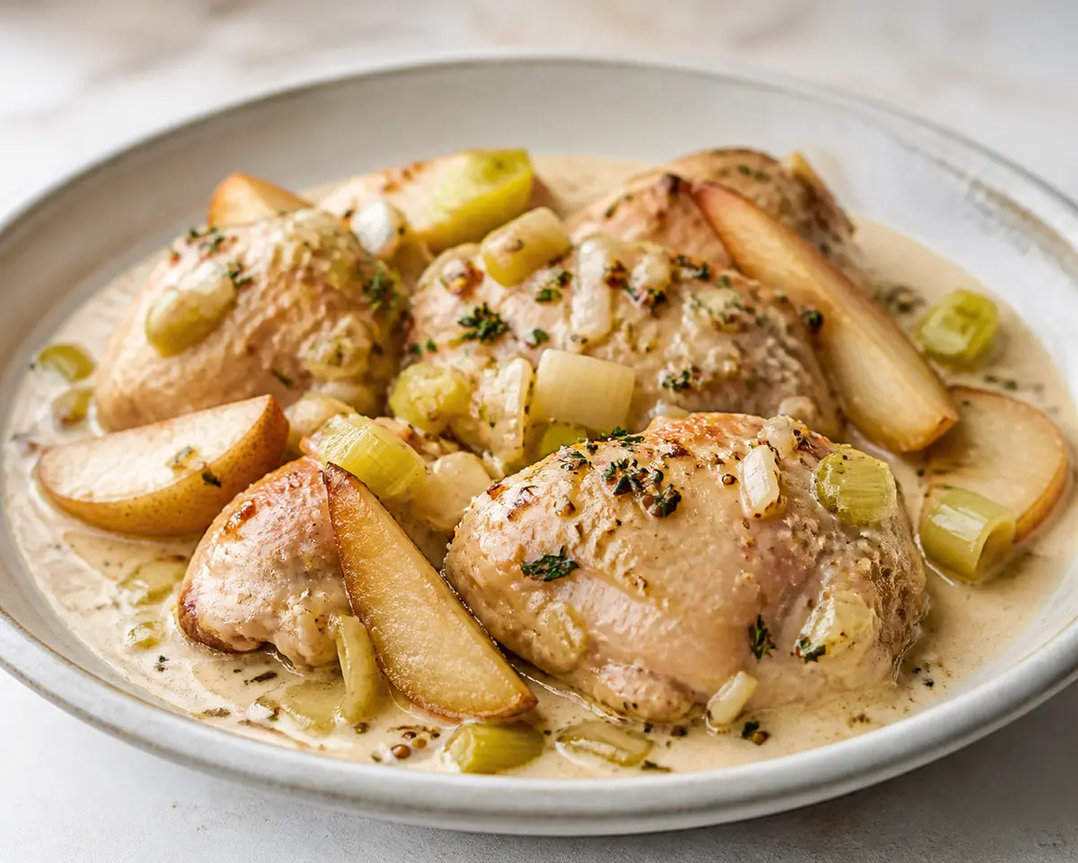 Muslos de pollo cremosos con puerro, mostaza antigua y peras en slow cooker