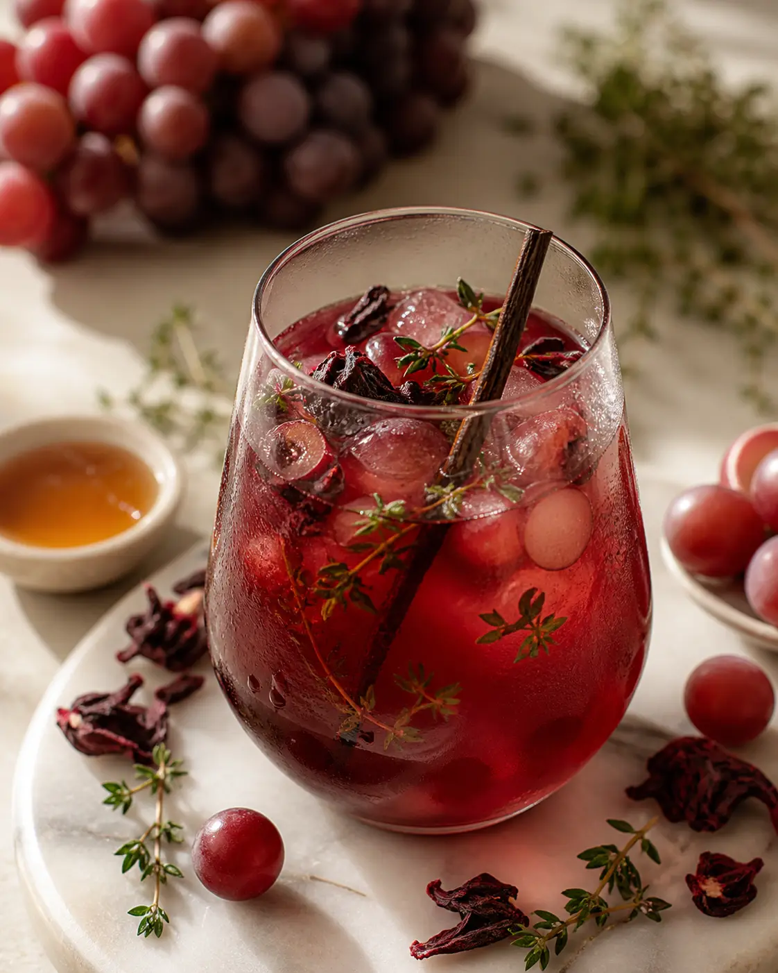 Chilled Red Grape, Hibiscus and Thyme Infusion with Vanilla
