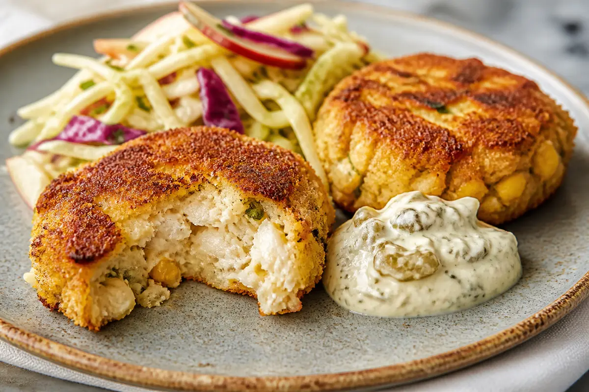 Pastelitos de cangrejo con costra de maíz y alioli de pepinillos, con ensalada tibia de repollo y manzana