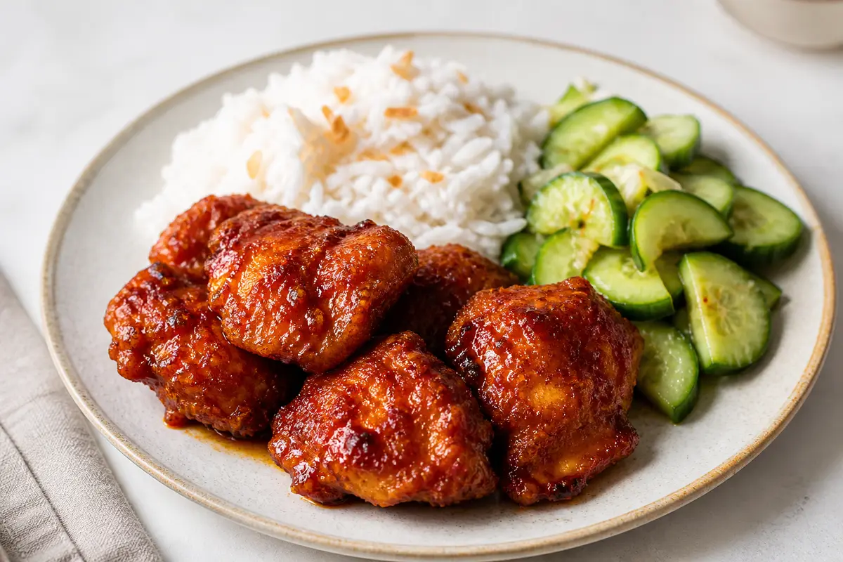 Crispy Mild Gochujang Chicken with Coconut Rice and Warm Cucumber Salad