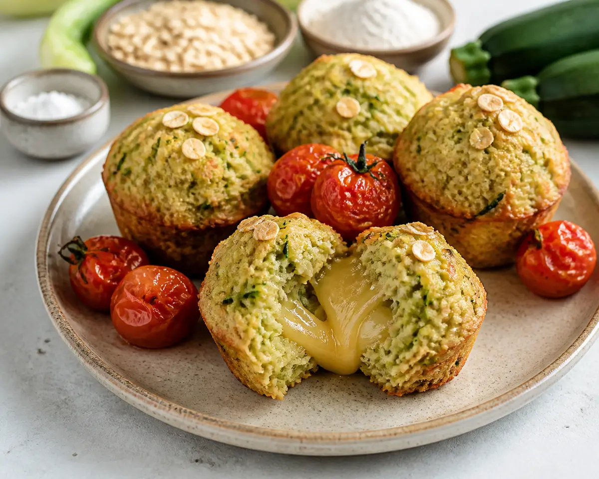 Muffins Salados de Avena y Calabacín con Corazón de Queso y Tomatitos Asados