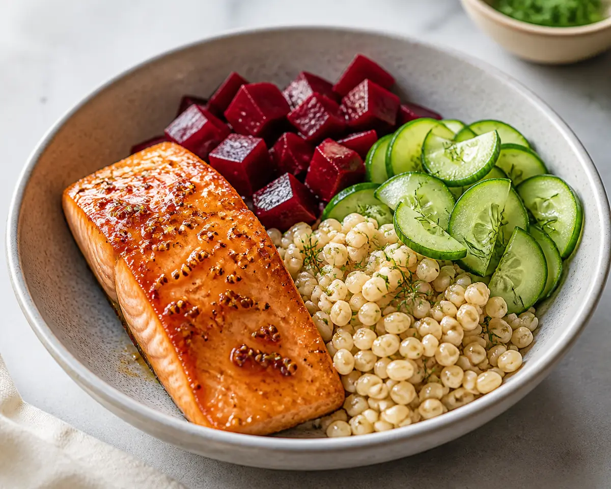 Bowl de Salmón al Arce y Mostaza con Arroz de Cebada Tierna, Remolacha Asada y Pepino con Eneldo