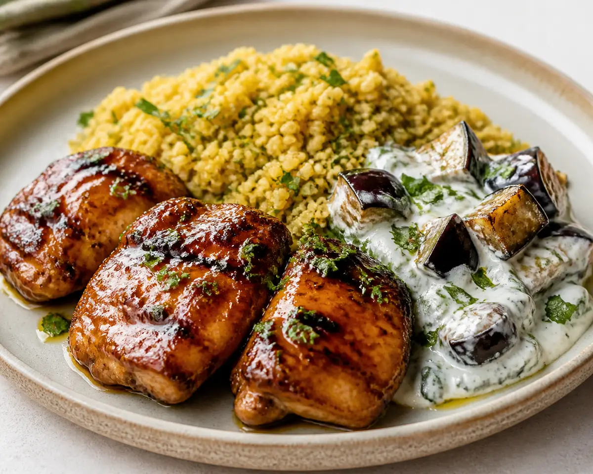 Smoky Honey-Glazed Chicken Thighs with Herbed Bulgur and Yogurt-Roasted Eggplant