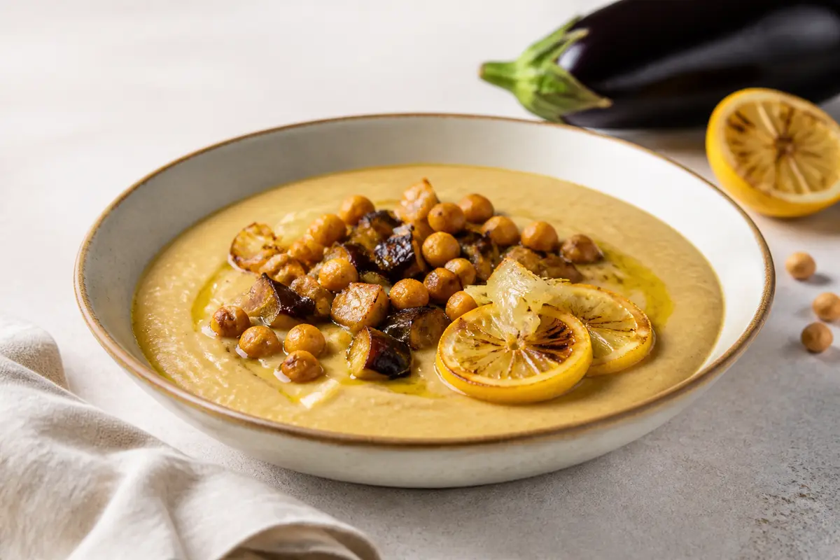 Roasted Eggplant, Silky Chickpea and Charred Lemon Soup