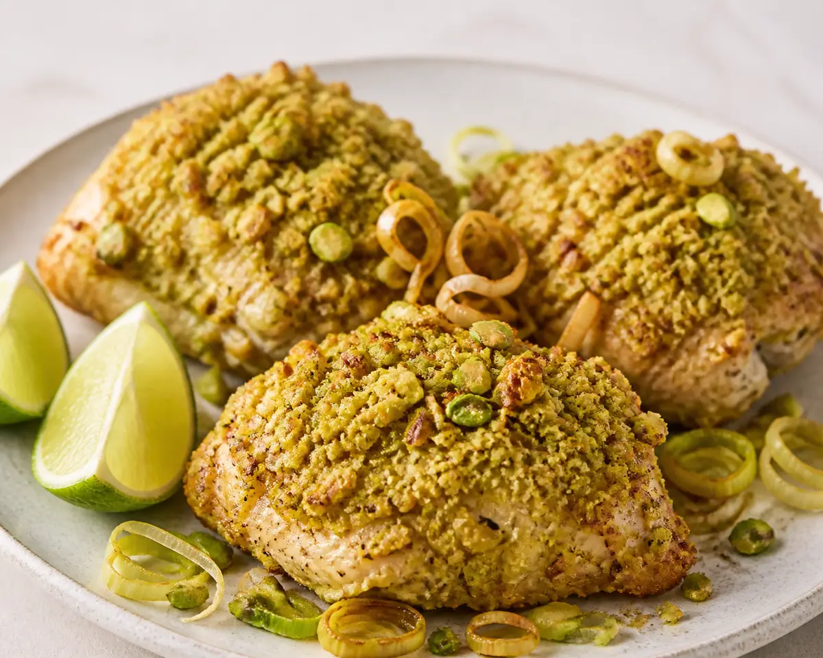 Oven-Baked Chicken with Pistachio Lime Crust and Crispy Leeks