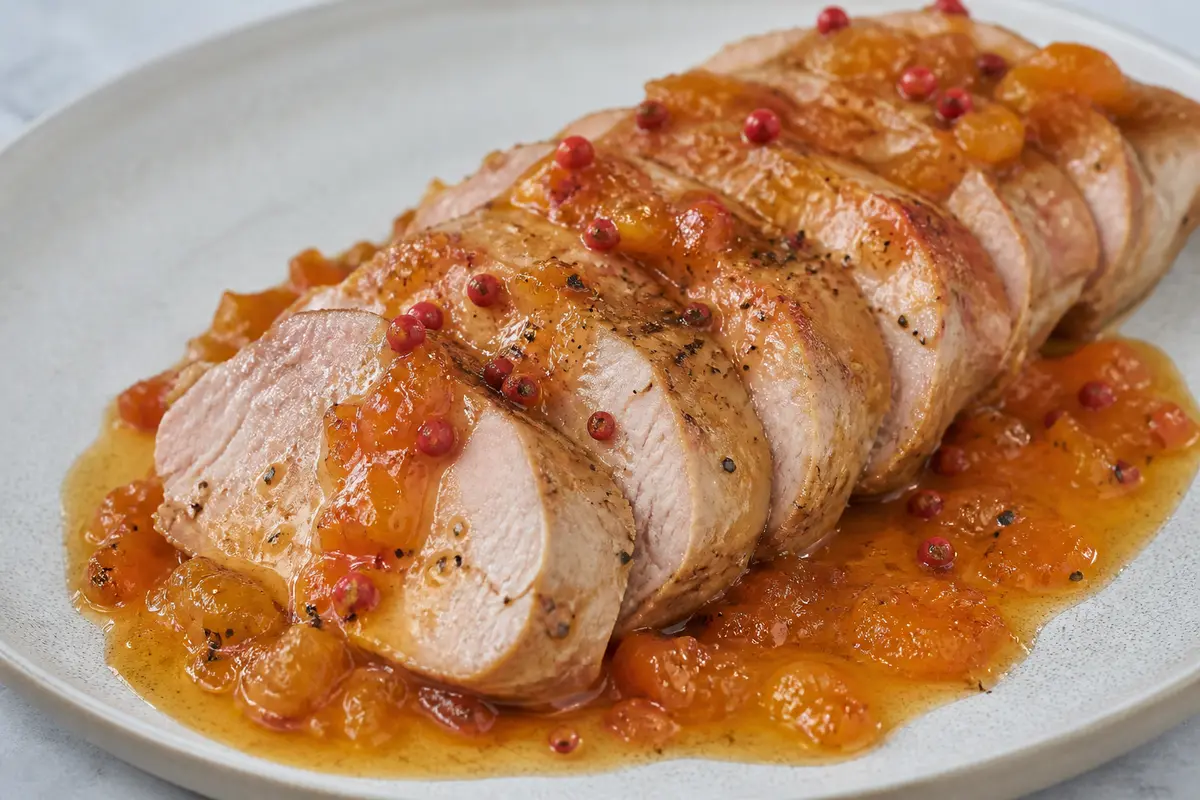 Solomillo de Cerdo en Salsa de Albaricoque, Jengibre y Pimienta Rosa