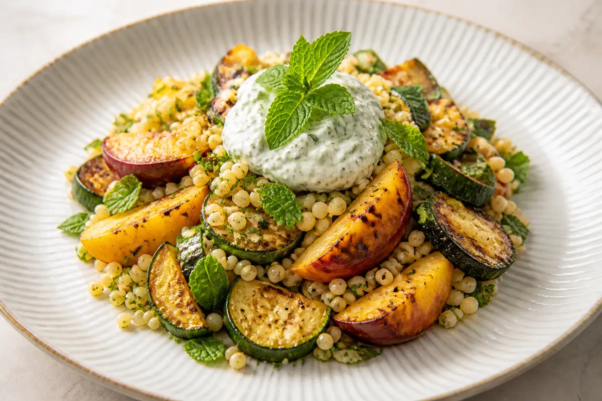 Warm Charred Zucchini, Roasted Peach and Pearl Couscous Salad with Whipped Mint Feta