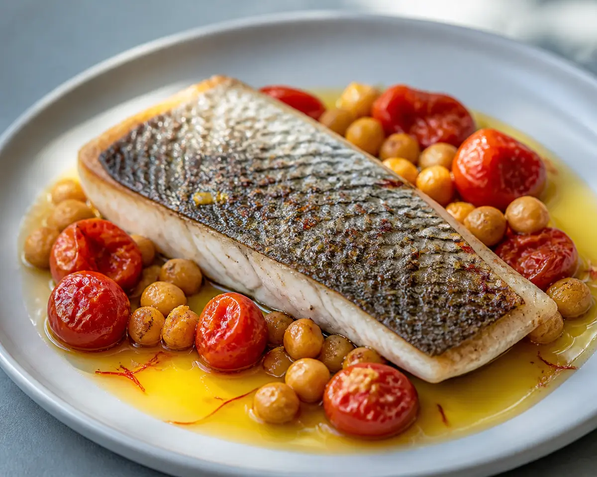Robalo Asado con Mantequilla de Azafrán, Garbanzos Crujientes y Tomates Cherry Confitados