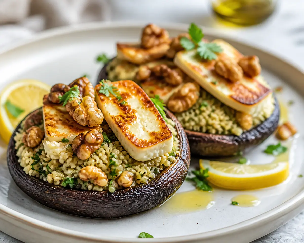 Barquitas de Portobello con Cuscús de Limón, Halloumi Dorado y Nueces Tostadas