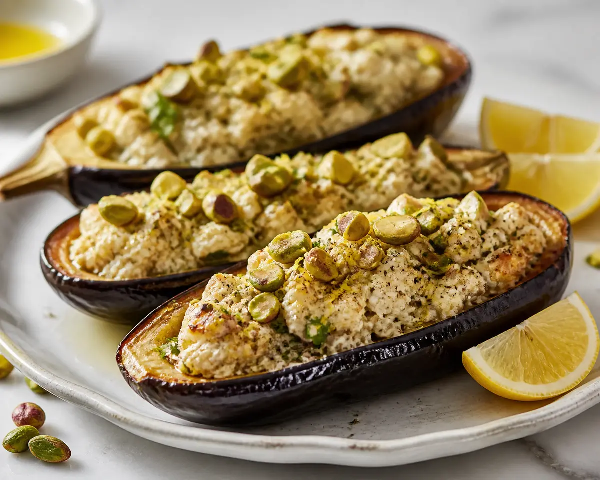 Barquitos de Berenjena con Pavo al Limón, Ricotta y Pistacho