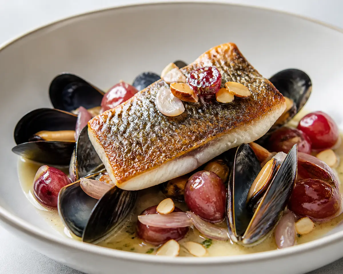 Corvina Crujiente con Salsa Tibia de Mejillones, Uvas Rostizadas y Almendras