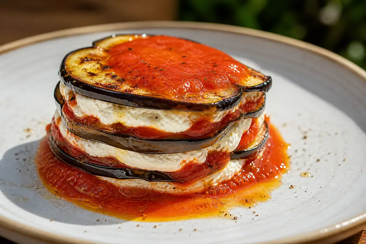 Milhojas de Berenjena Asada con Ricotta de Limón y Salsa de Tomate al Pimentón
