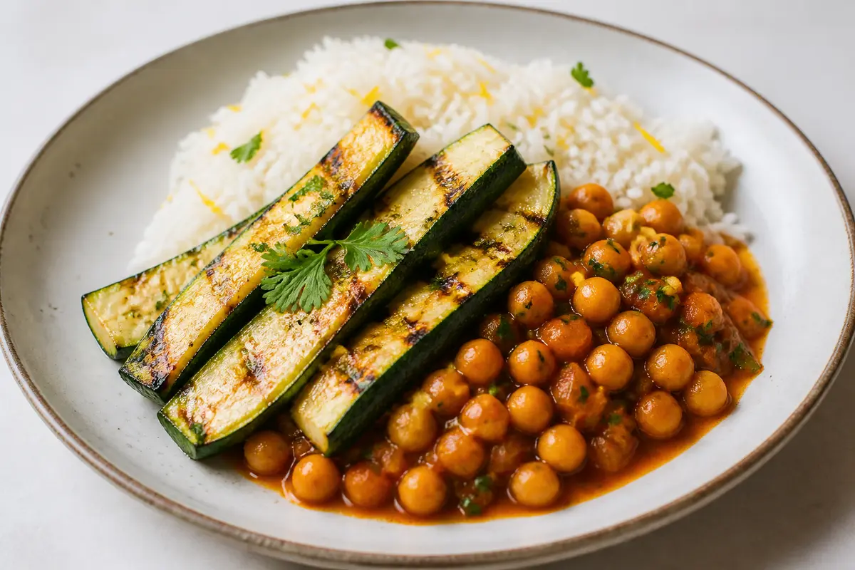 Calabacines asados con ragú de garbanzos al pimentón y arroz cremoso de coco y limón