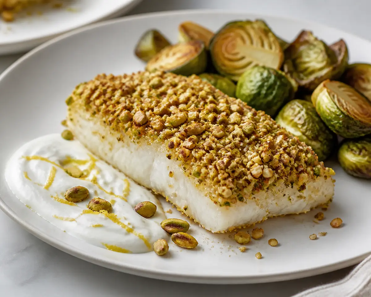 Baked Cod with Pistachio Sesame Crust, Roasted Brussels Sprouts and Lemon Yogurt Sauce
