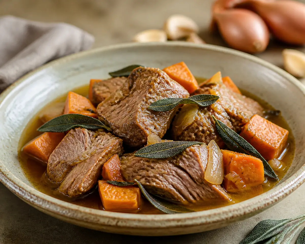 Cerdo tierno en slow cooker con sidra, batata y salvia crujiente