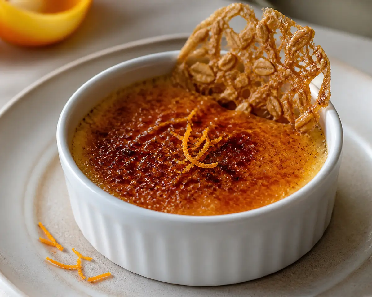 Crema Brûlée de Chai y Naranja con Teja Crujiente de Avena