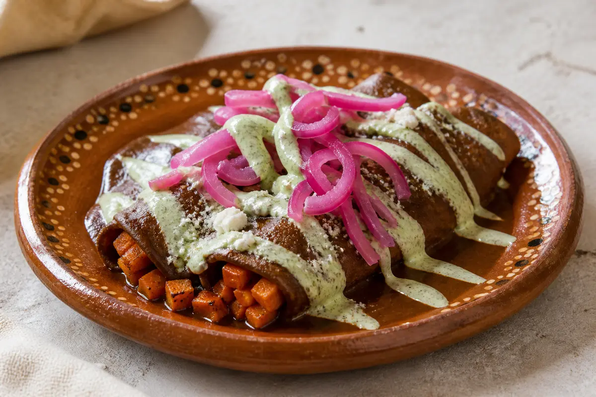 Enfrijoladas de Camote Rostizado con Crema de Pepita y Cebolla Morada Encurtida