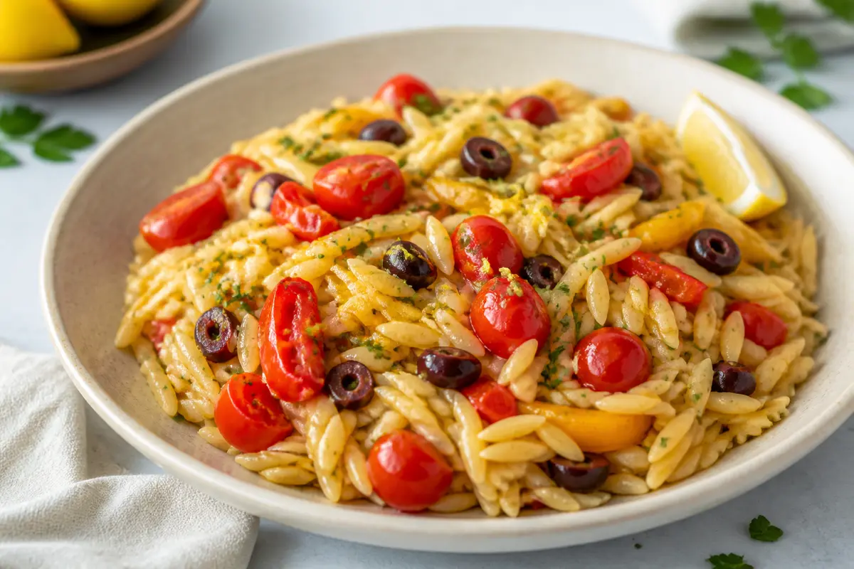 Orzo Mediterráneo Cremoso con Pimientos Asados, Aceitunas y Limón