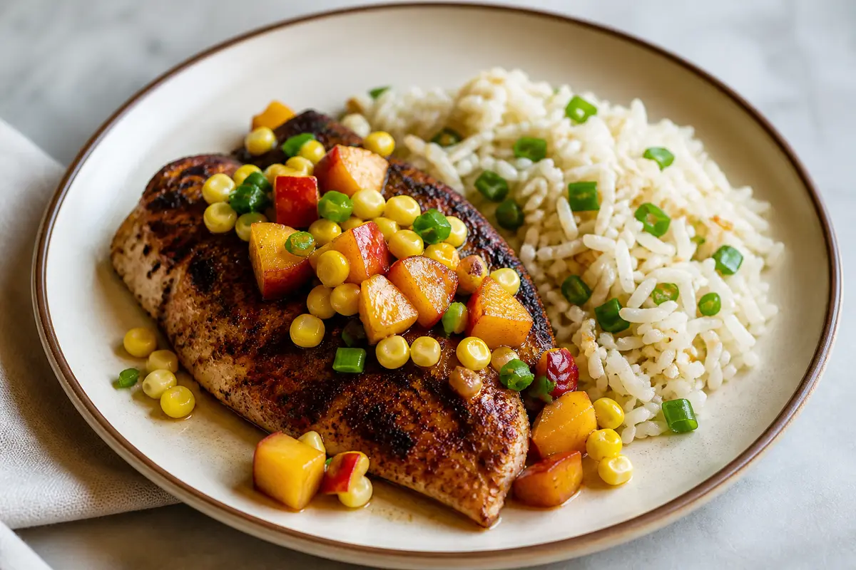 Blackened Catfish with Warm Peach-Corn Relish and Skillet Scallion Rice