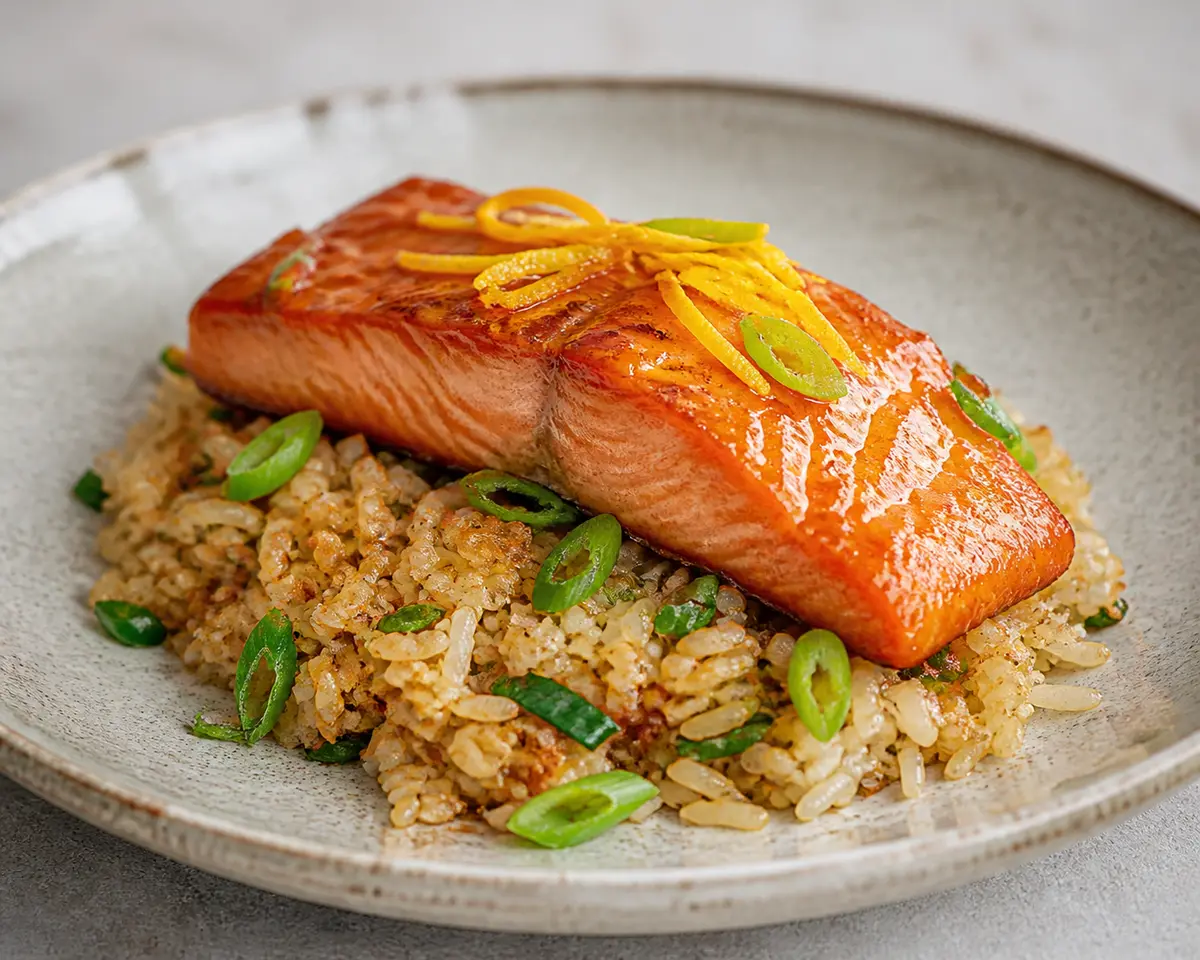White Miso Yuzu Lacquered Salmon over Crispy Scallion Rice