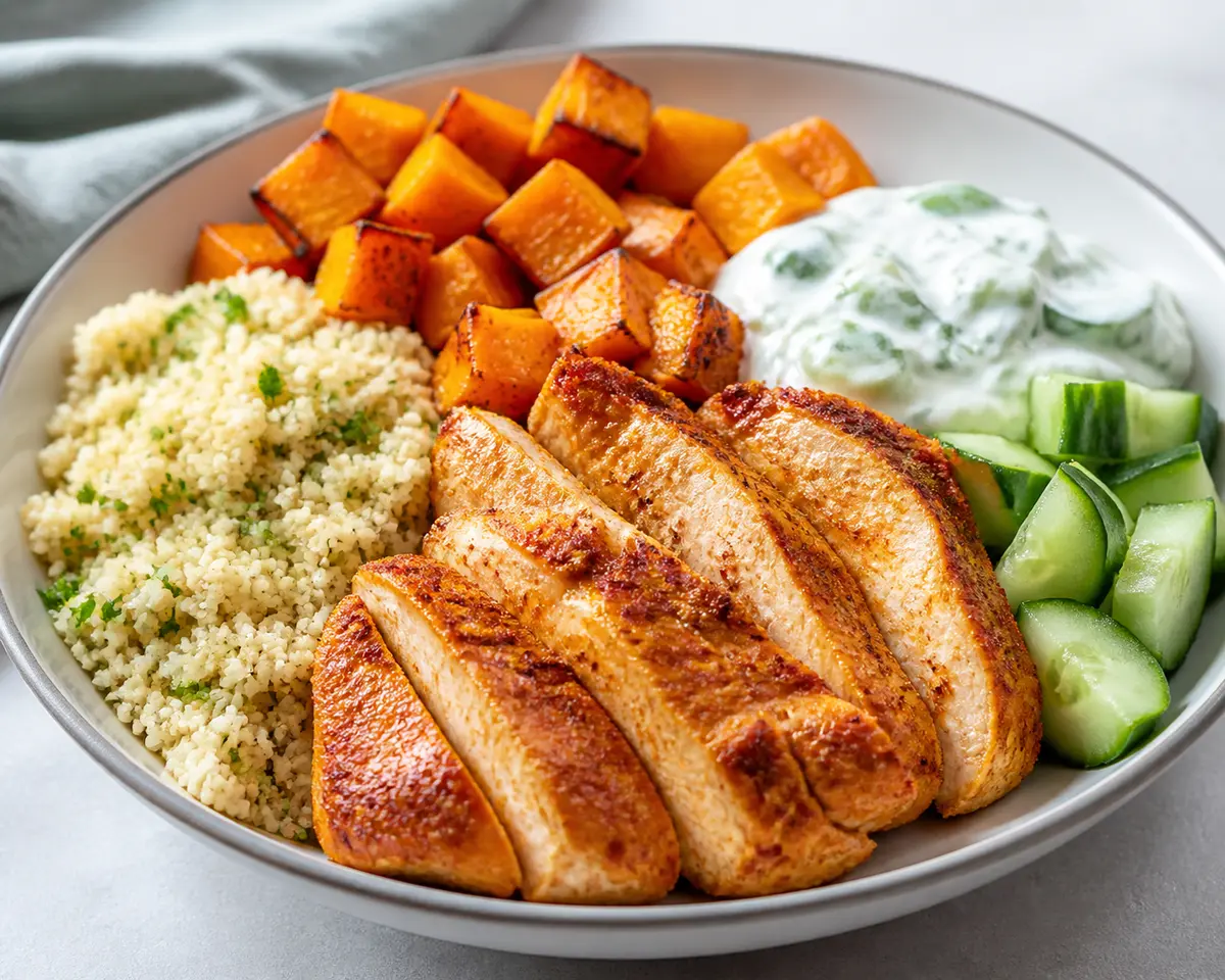 Tazón de Pollo al Pimentón y Naranja con Cuscús de Hierbas, Calabaza Asada y Yogur de Pepino
