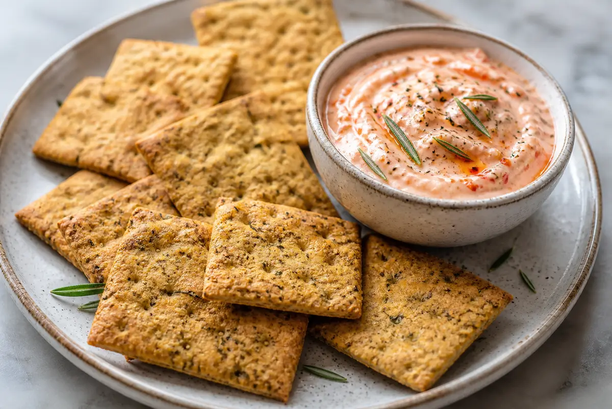 Galletas Saladas de Garbanzo y Romero con Dip de Pimiento Asado y Yogur