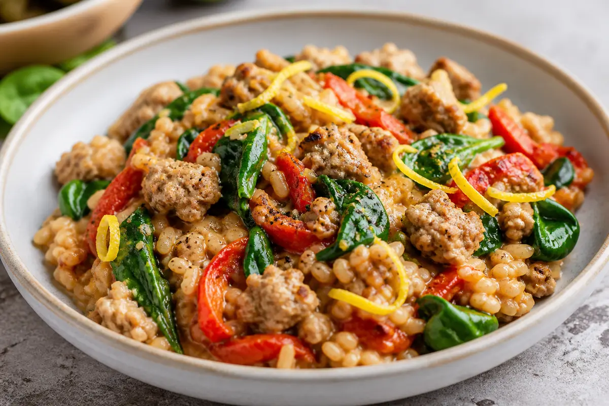 Sartén de Salchicha de Pavo con Farro Cremoso de Pimiento Asado y Espinacas al Limón