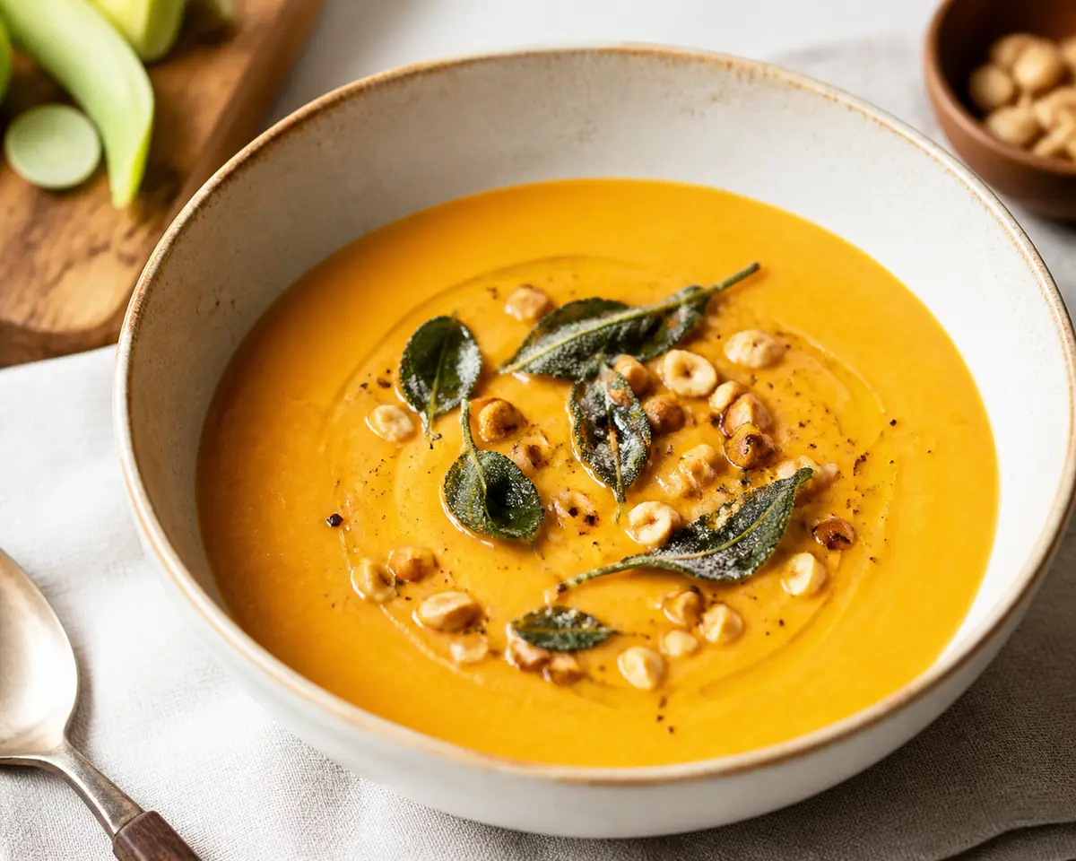 Sopa Terciopelo de Batata, Puerro y Salvia Crujiente con Avellanas