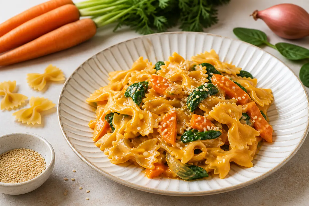Creamy Roasted Carrot and Mild Miso Farfalle with Sesame Seeds