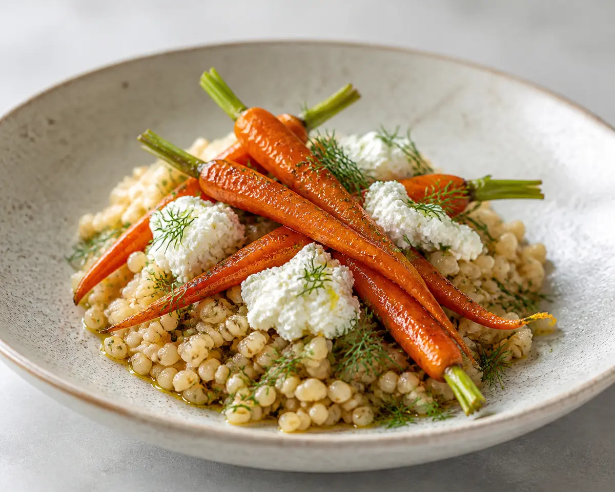 Ensalada tibia de cebada perlada, zanahorias glaseadas al cítrico y ricotta al eneldo