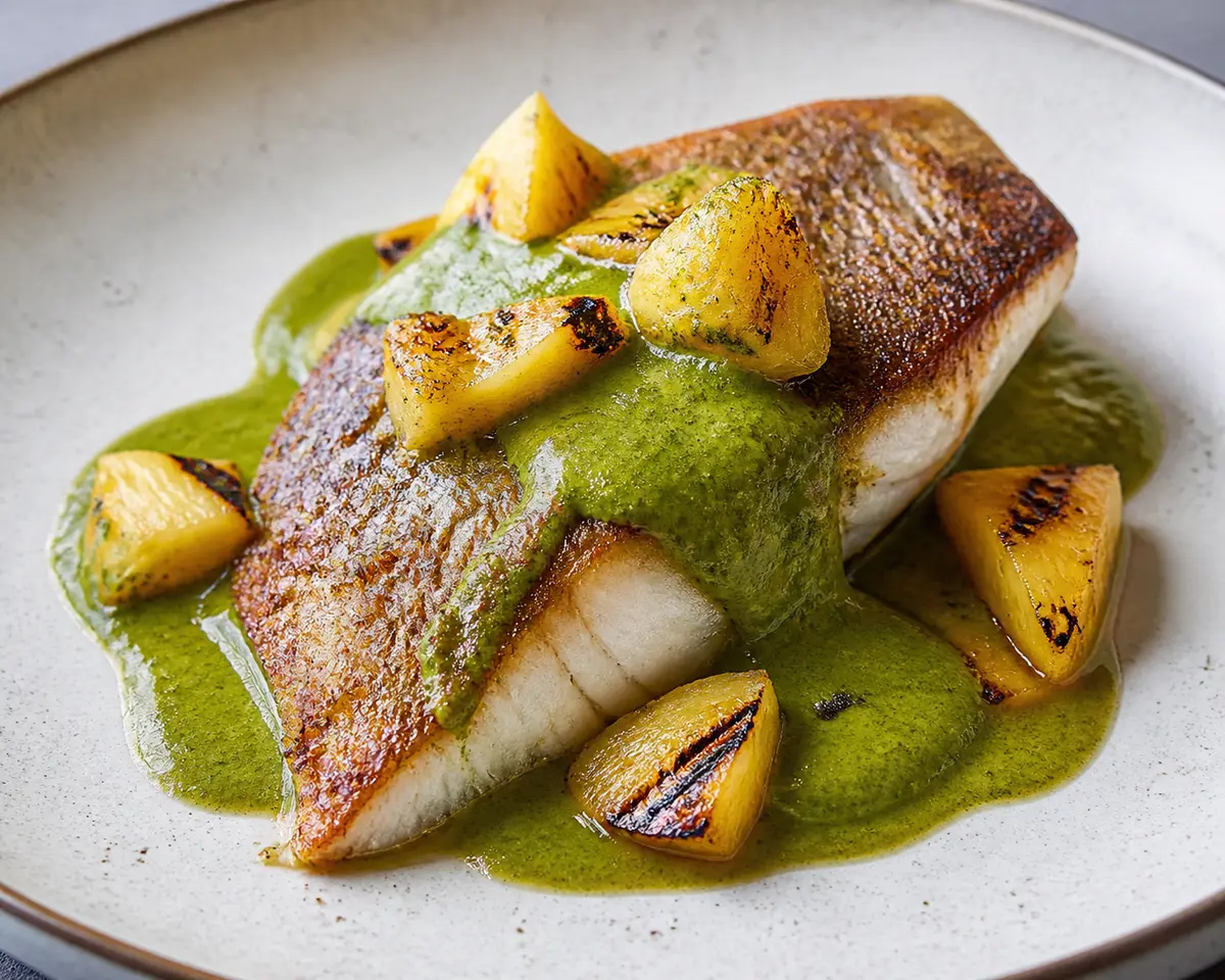 Crispy Snapper with Green Coconut Sauce and Charred Pineapple