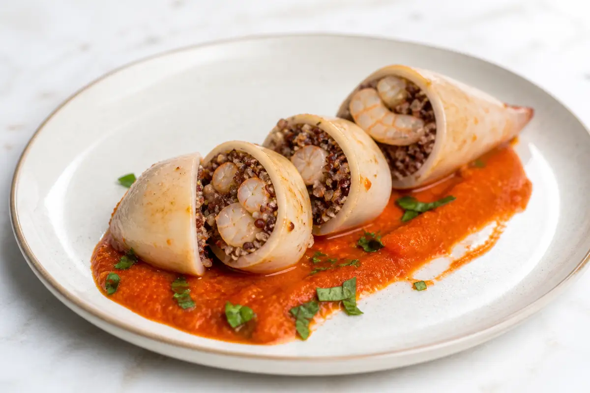 Calamares Rellenos de Quinoa Roja y Camarón con Salsa de Pimiento Asado y Albahaca