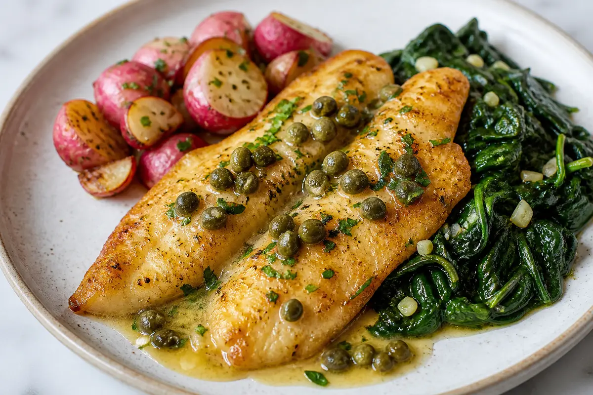 Tilapia Dorada con Mantequilla de Alcaparras, Rábanos Asados y Espinaca al Ajo