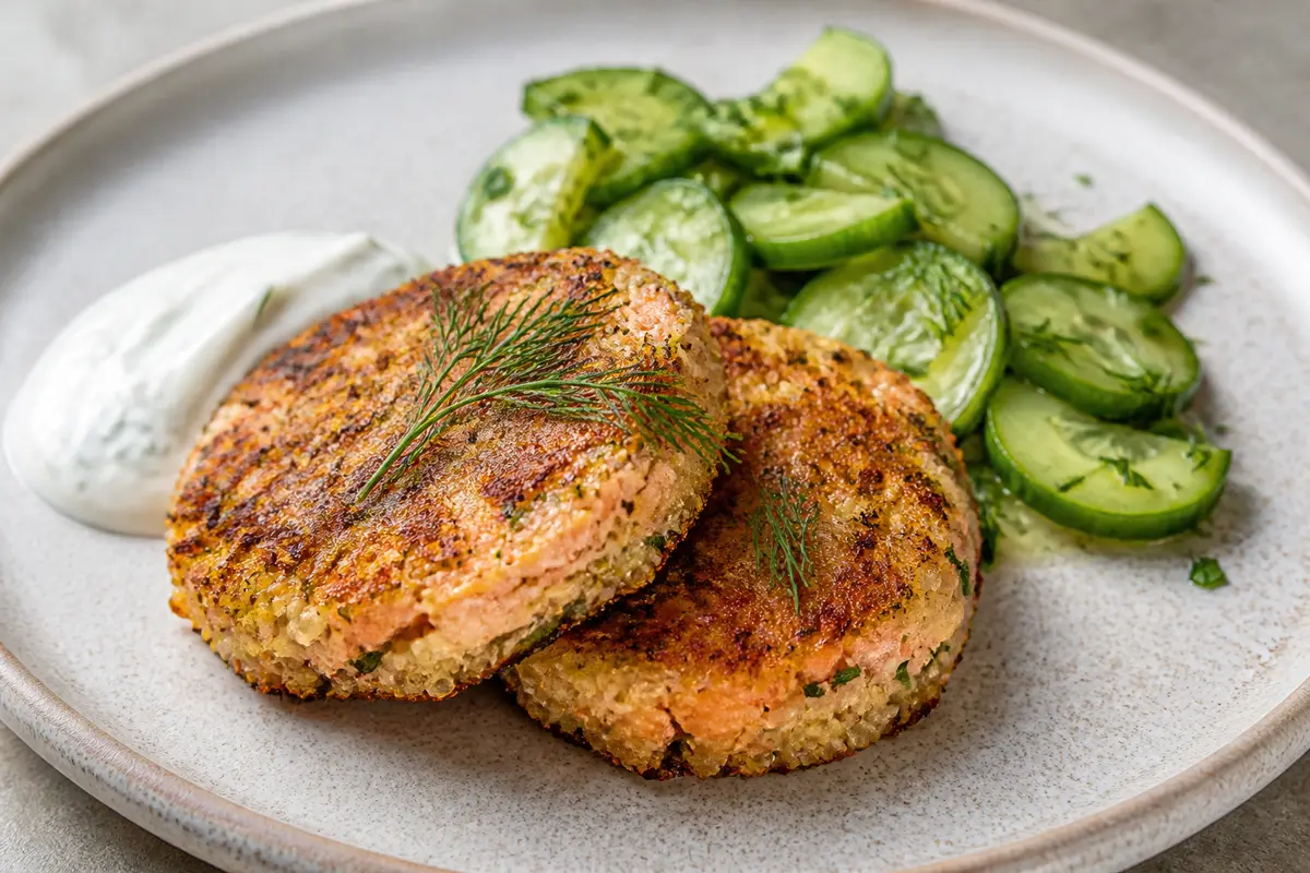 Tortitas de Salmón, Quinoa y Yogur con Ensalada Tibia de Pepino y Hierbas