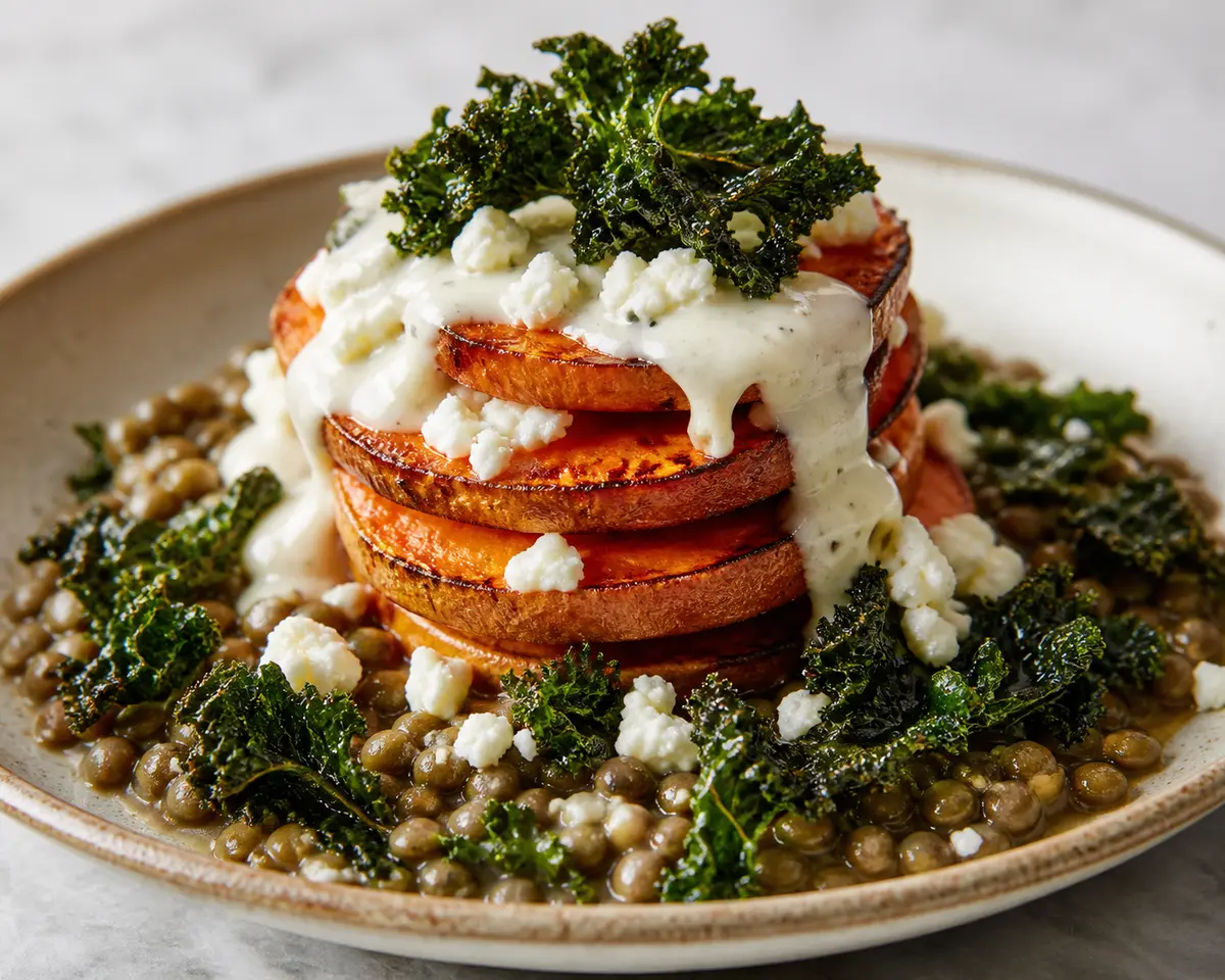 Torrecitas de Boniato con Lentejas Cremosas, Kale Crujiente y Salsa de Feta al Limón