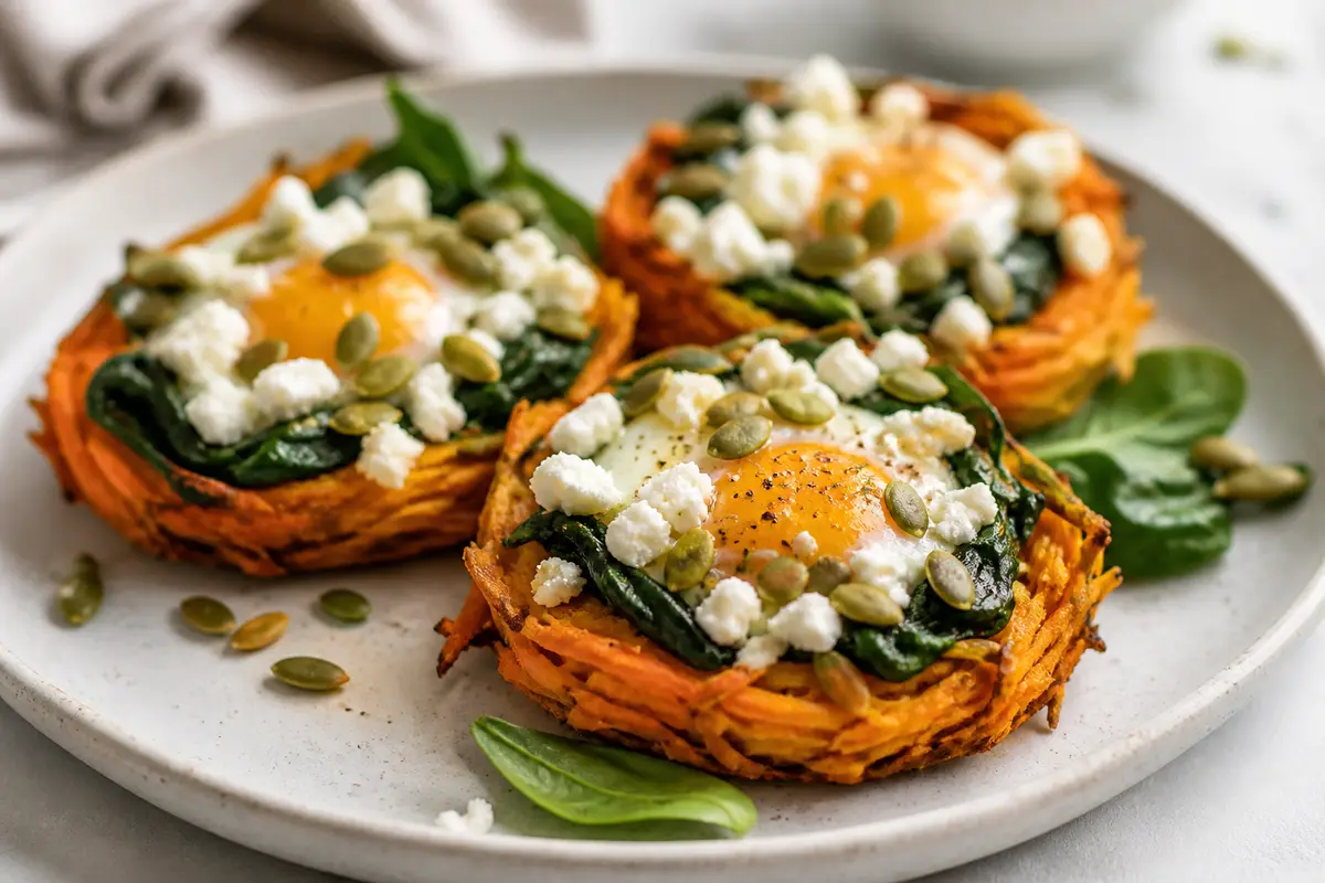 Nidos de Batata y Huevo al Horno con Espinaca, Queso de Cabra y Pepitas