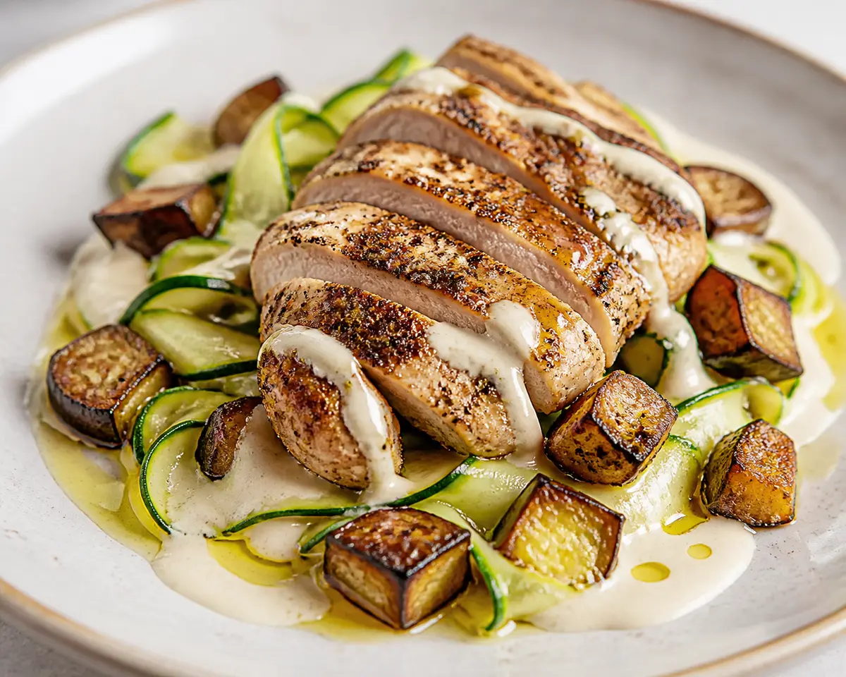 Pollo al Comino con Cintas de Calabacín, Berenjena Dorada y Salsa de Tahini al Limón