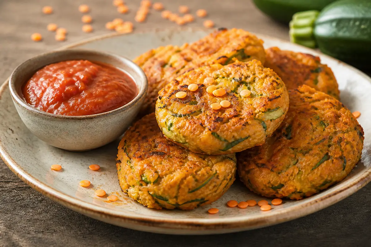 Golden Red Lentil and Zucchini Patties with Cumin Tomato Sauce