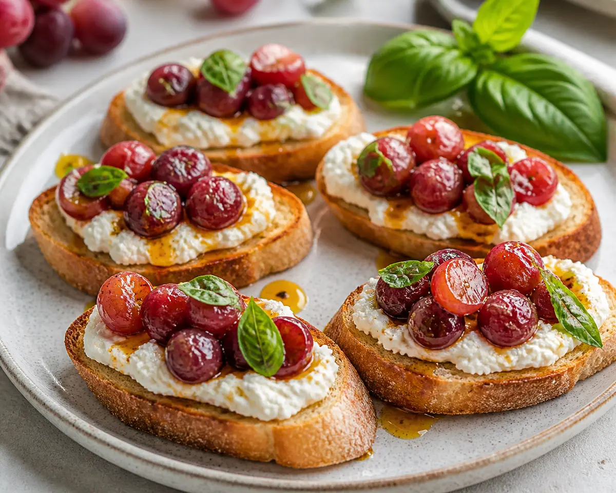 Tostaditas exprés de uva asada en sartén con ricotta de albahaca y miel picante