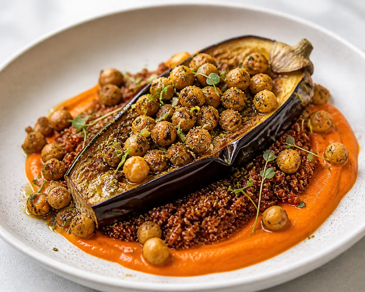 Berenjena asada con quinoa roja, garbanzos al zaatar y crema de pimiento rojo