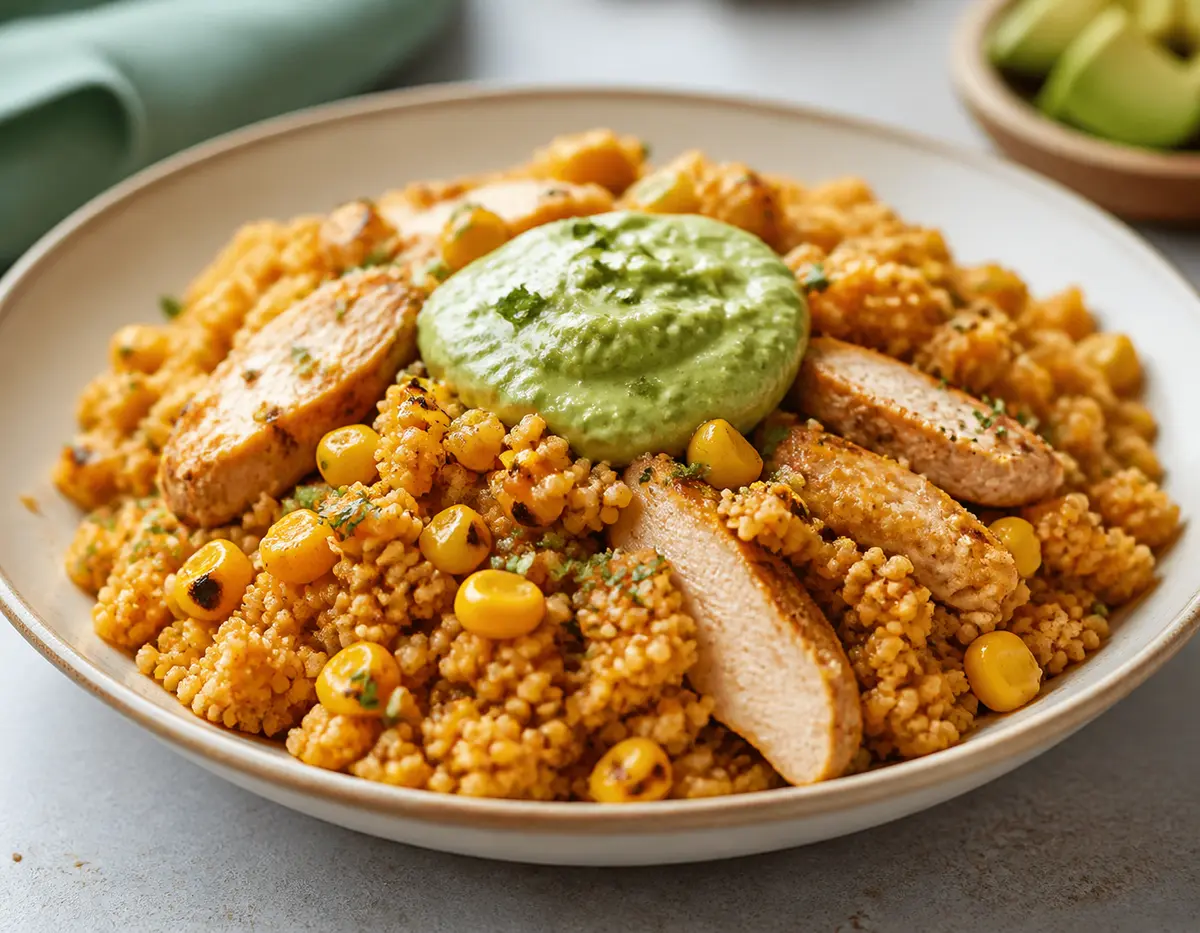 Cuscús Rápido de Pavo al Pimentón con Maíz Tostado y Crema de Aguacate