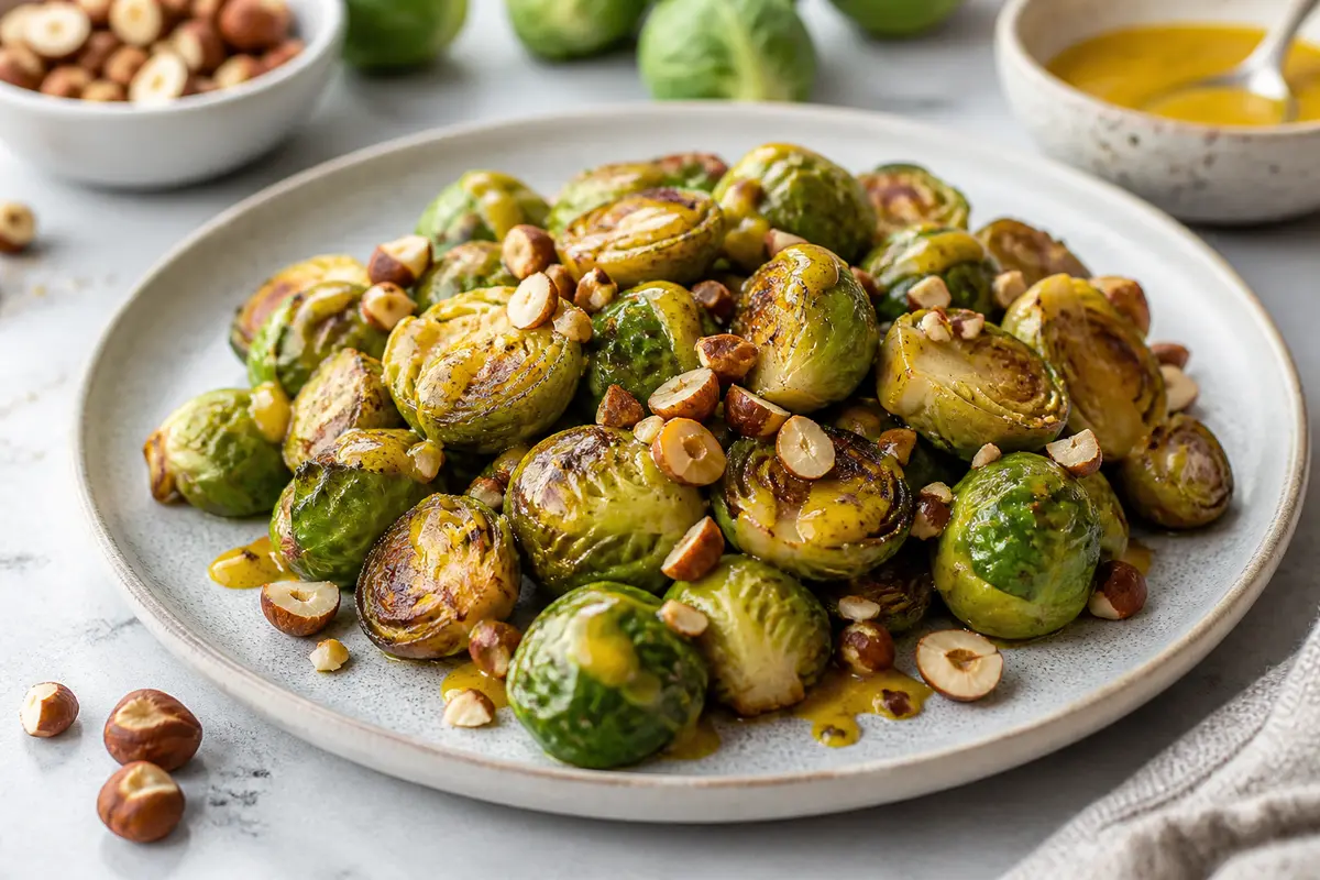 Air Fryer Brussels Sprout Bites with Honey Mustard Glaze and Hazelnuts