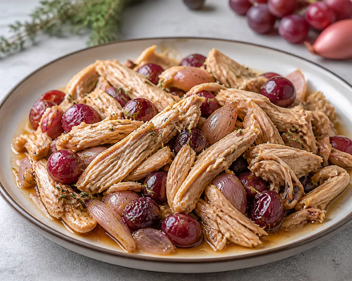 Pollo deshilachado en slow cooker con uvas asadas, tomillo y chalotas