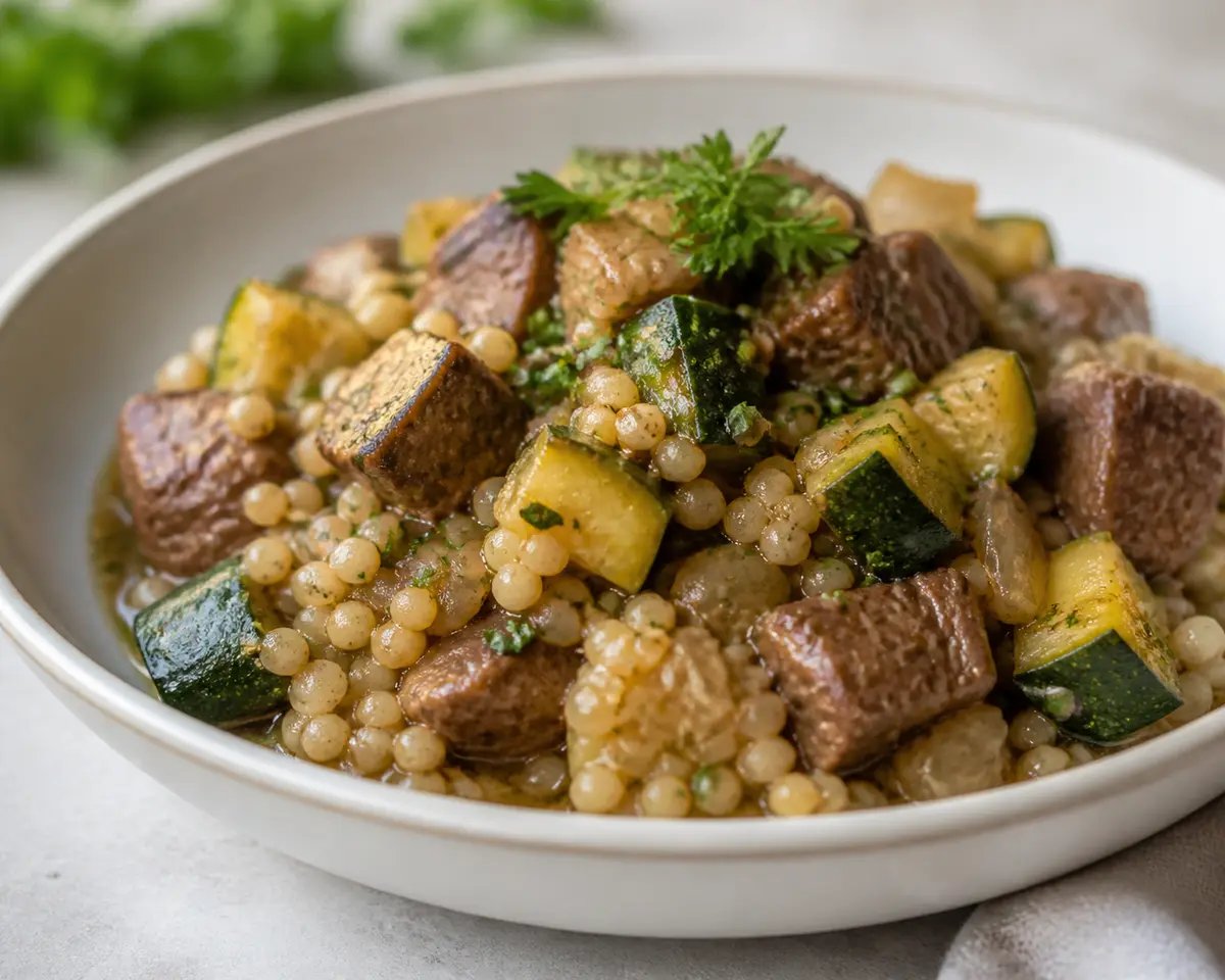 Ternera con Calabacín, Hierbas Verdes y Cuscús Perlado en Instant Pot