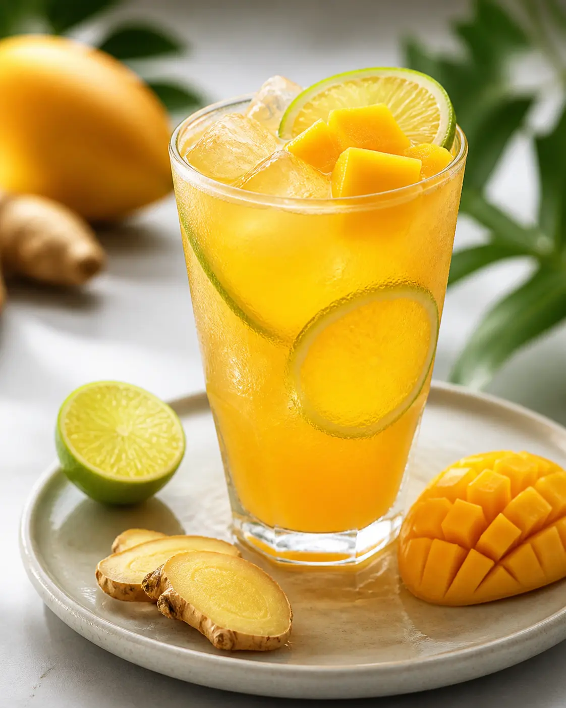 Iced Golden Mango, Ginger and Green Tea Cooler with Lime