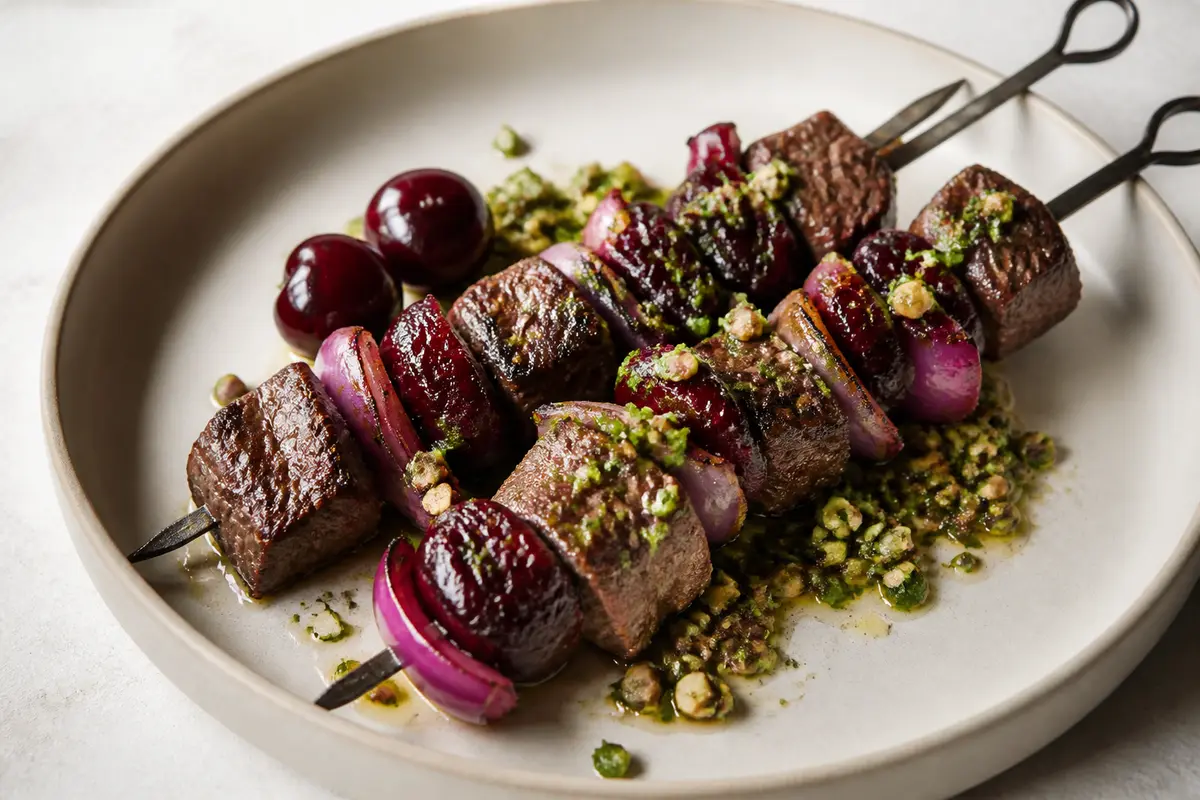 Grilled Beef Skewers with Smoked Cherries and Pumpkin Seed Gremolata